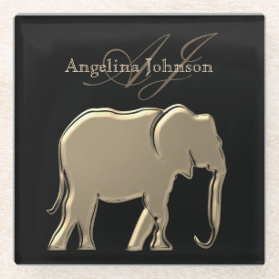 Zwart en Goud Olifant Elegant Monogram Glazen Onderzetter
