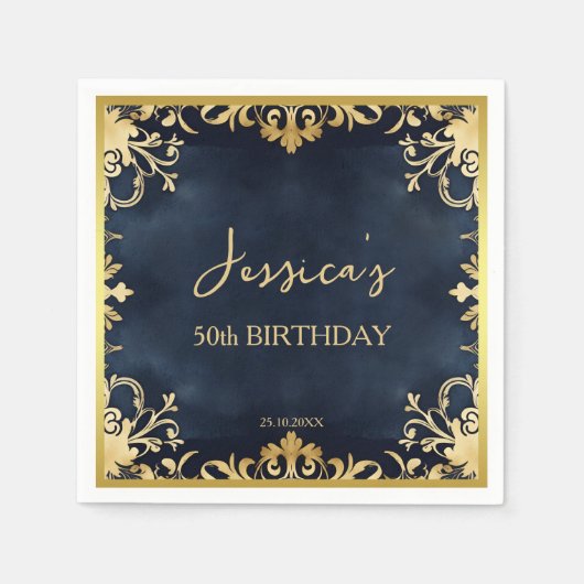 Zwart en goud ornamentale verjaardagsfeest sjabloo servet (Voorkant)