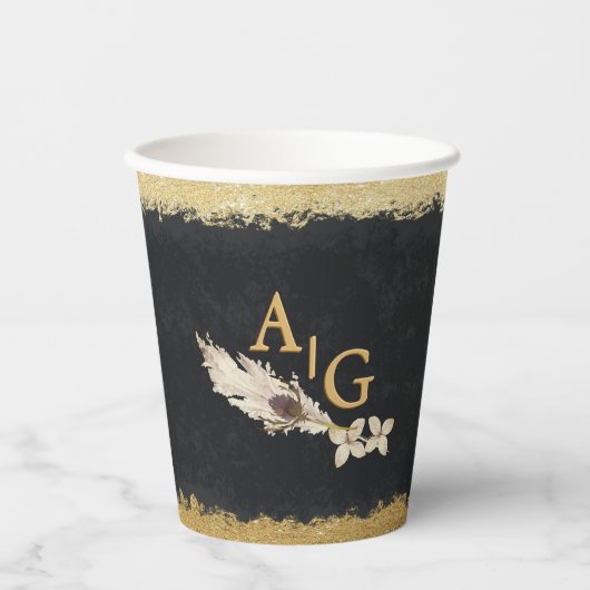 Zwart en goud | Pampas Grass en Thistle Papieren Bekers (Voorkant)