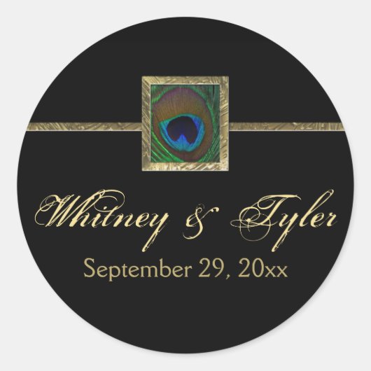 Zwart en Goud Peacock Feather Bruiloft Sticker (Voorkant)