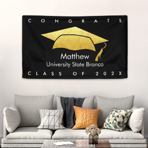 Zwart en Goud Pet Afstuderen Bold Modern Eenvoudig Spandoek
