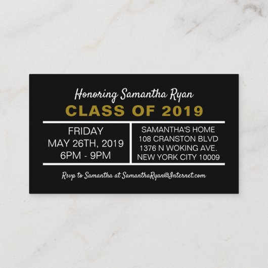 Zwart en goud Pet, Graduation Party Ticket Invite Informatiekaartje (Achterkant)