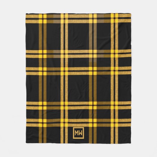 Zwart en goud plaid tartan monogram fleece deken (Voorkant)