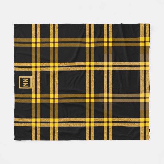 Zwart en goud plaid tartan monogram fleece deken (Voorkant (Horizontaal))