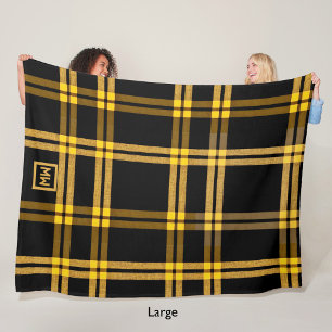 Zwart en goud plaid tartan monogram fleece deken