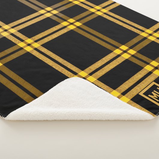 Zwart en goud plaid tartan monogram sherpa deken (3/4)