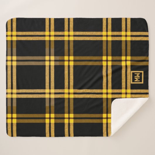 Zwart en goud plaid tartan monogram sherpa deken (Voorkant (horizontaal))
