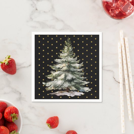 Zwart en Goud Polka Dots Waterverf Pine Tree Servet (Insitu)