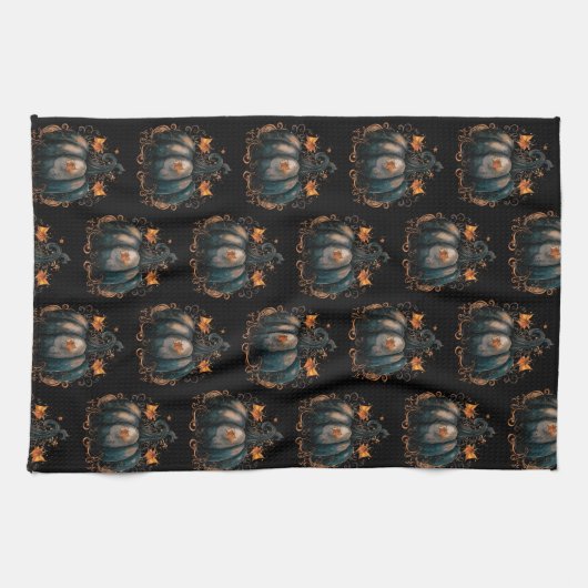 Zwart en goud pompoen bladeren patroon Halloween Theedoek (Horizontaal)