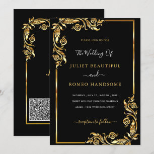 Zwart en Goud QR Code Huwelijksuitnodiging Sjabloo