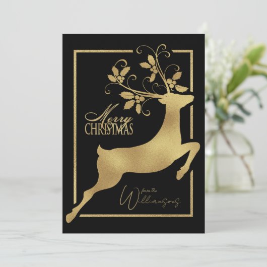 Zwart en goud rendieren vrolijke kerstwensen feestdagenkaart (Staand voorkant)