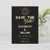 Zwart en goud Retro Disco Groovy Wedding Save The Date (Staand voorkant)