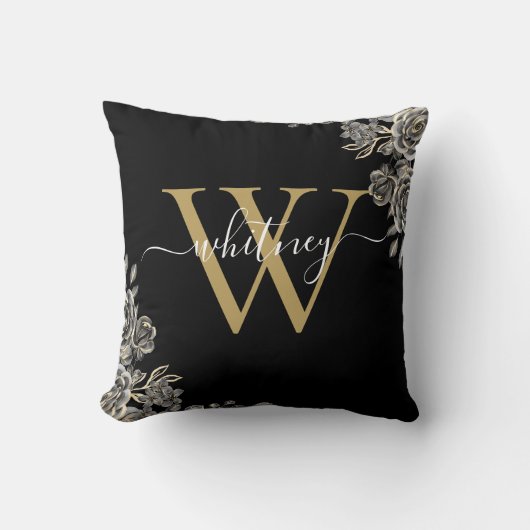 Zwart en Goud Rozen Bloemen Monogram Script Naam Kussen (Voorkant)