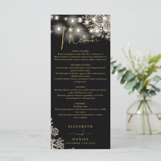 Zwart en Goud Rozen Lights Gotisch Trouwdiner Menu (Staand voorkant)