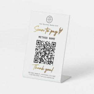 Zwart en Goud Scan te betalen Qr Code Betaling Lin Reclamebord Met Voetstuk