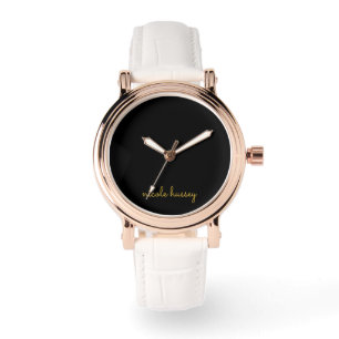 Zwart en Goud Schrift Stijlvol Modern Monogram Horloge
