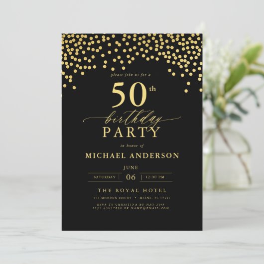 Zwart en goud script 50ste verjaardag kaart (Staand voorkant)
