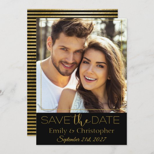Zwart en Goud Script Bewaar de datumfotokaart Save The Date (Voorkant / Achterkant)