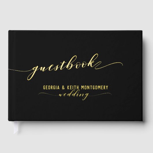 Zwart en goud script Elegante bruiloft Gastenboek (Voorkant)
