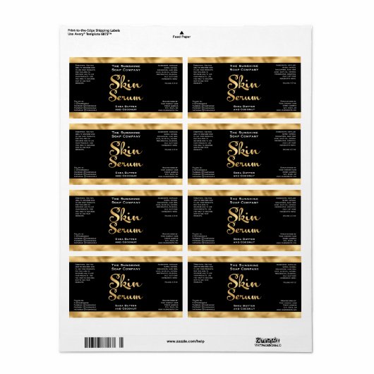 Zwart en Goud Skin Serum Bottle Label (Full Sheet)