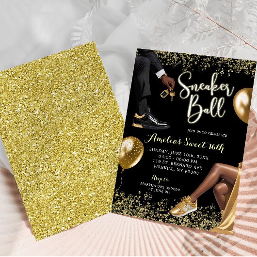 Zwart en Goud Sneaker Ball Sweet 16 Verjaardag Kaart