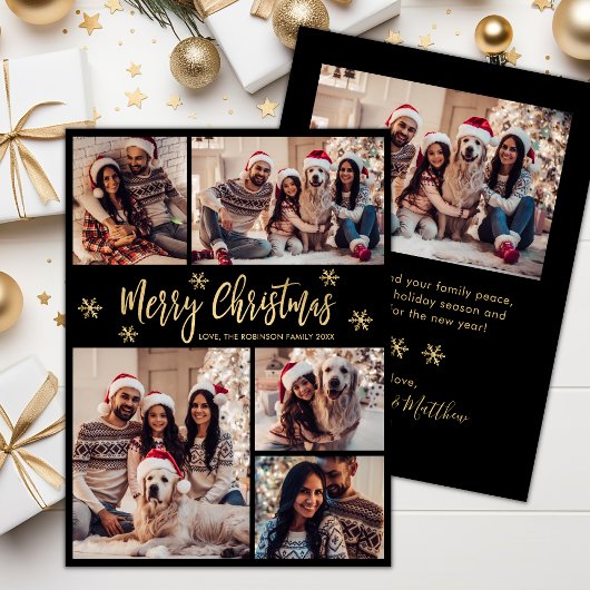 Zwart en Goud Sneeuwvlok 5 Foto Collage Kerstmis Feestdagenkaart