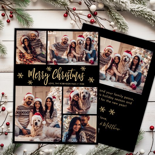 Zwart en Goud Sneeuwvlok 5 Foto Collage Kerstmis Feestdagenkaart