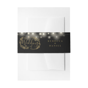 Zwart en goud string lichten bloemenbruiloft uitnodigingen wikkel