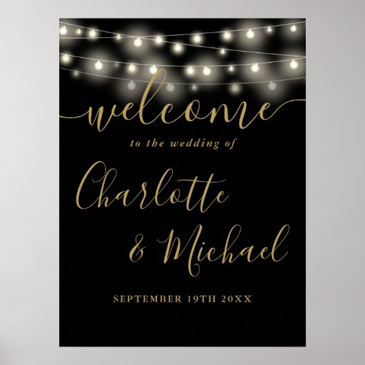 Zwart en goud String Lights Bruiloft Welkomstbord Poster (Voorkant)