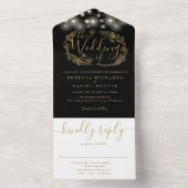 Zwart en goud String Lights gebladerte bruiloft All In One Uitnodiging (Binnen)
