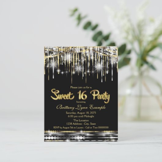 Zwart en goud Sweet 16 Party Kaart (Staand voorkant)