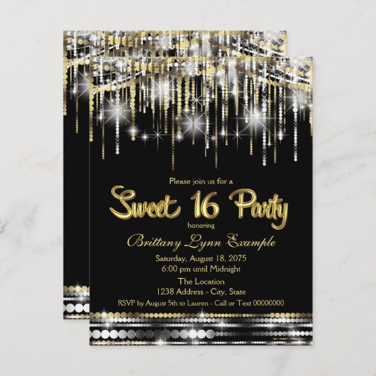 Zwart en goud Sweet 16 Party Kaart (Voorkant / Achterkant)