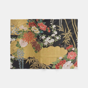 Zwart en Goud Traditionele Japanse Kimono Bloemen Fleece Deken