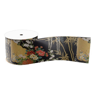 Zwart en Goud Traditionele Japanse Kimono Bloemen Grosgrain Lint