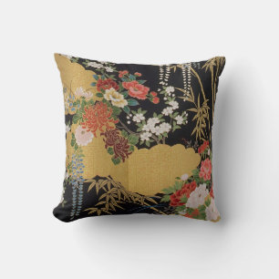 Zwart en Goud Traditionele Japanse Kimono Bloemen Kussen