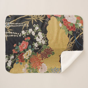 Zwart en Goud Traditionele Japanse Kimono Bloemen Sherpa Deken