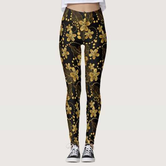 Zwart en goud Tropische bladeren en bloesems Leggings (Voorkant)