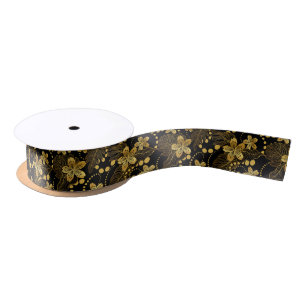 Zwart en goud Tropische bladeren en bloesems Lint
