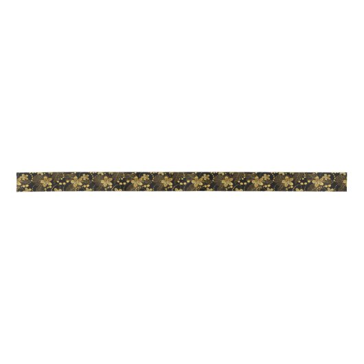 Zwart en goud Tropische bladeren en bloesems Lint (Voorkant)