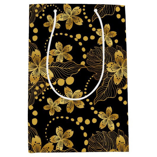 Zwart en goud Tropische bladeren en bloesems Medium Cadeauzakje (Voorkant)