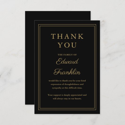 Zwart en goud viering van het leven begrafenis bedankkaart (Voorkant / Achterkant)