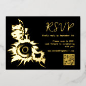 Zwart en Goud Zonnebloem QR code RSVP Bruiloft Folie Feestdagenkaart (Voorkant)