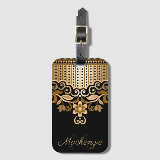 Zwart en Gouden Abstract Bloemen Bagagelabel (Voorkant (verticaal))