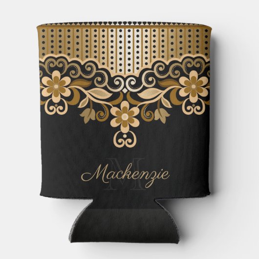 Zwart en Gouden Abstract Bloemen Blikjeskoeler (Achterkant)