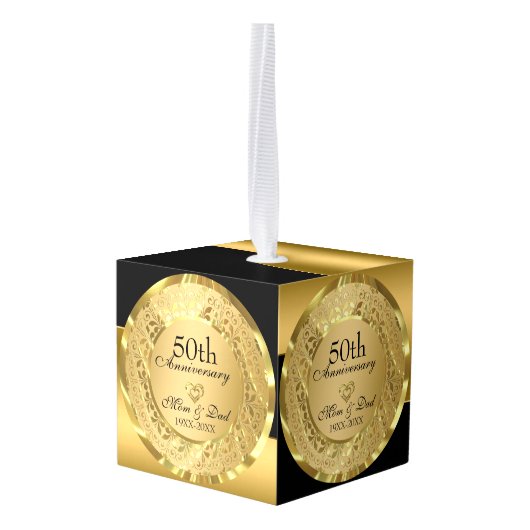 Zwart en Gouden Achtergrond Gouden Hart Kubus Ornament (Achter hoekig)