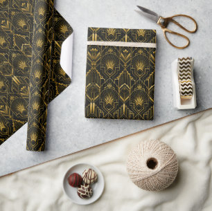 Zwart en gouden Art Deco geometrische luxe Cadeaupapier