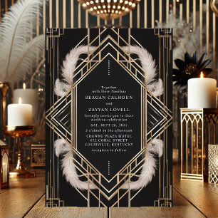 Zwart en gouden Art Deco veer huwelijksfeest Kaart