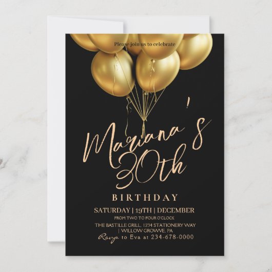 Zwart en gouden ballon 30ste verjaardagsfeest kaart (Voorkant)