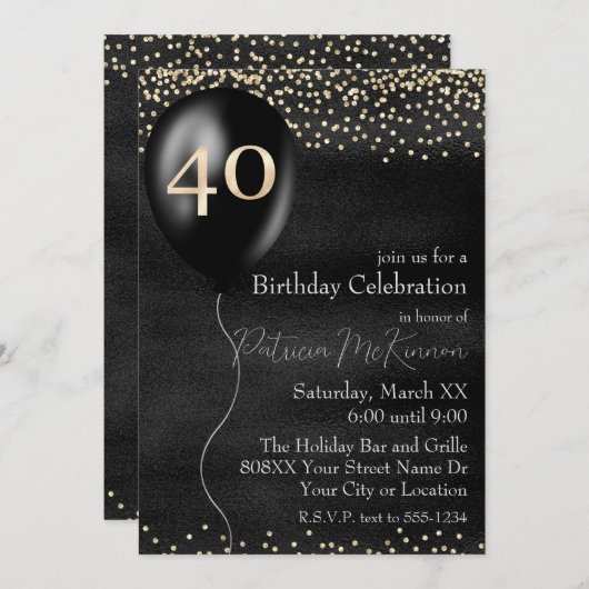 Zwart en Gouden Ballon 40e Verjaardag Kaart (Voorkant / Achterkant)