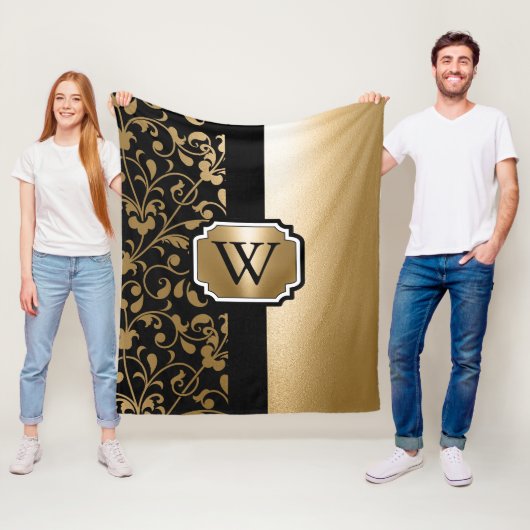 Zwart en Gouden Bloemen Fleece Deken (In situ)